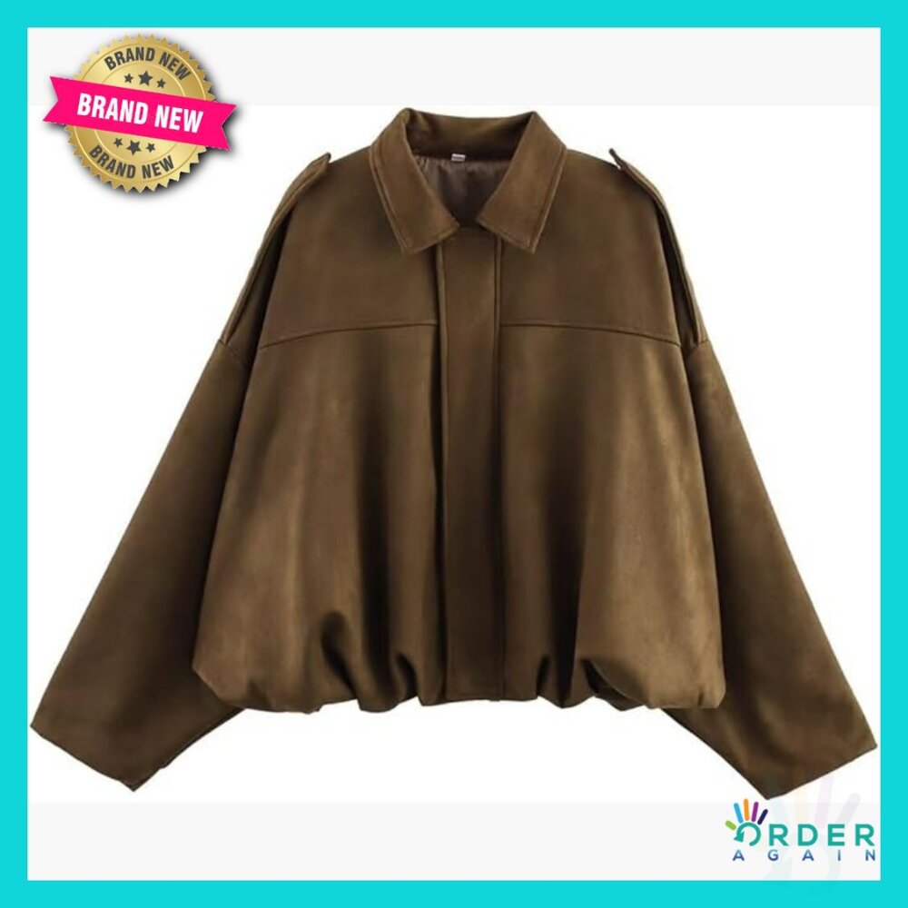 Oversized Faux Suede Bomber Jacket Cropped Long Sleeve Zip Up Streetwear